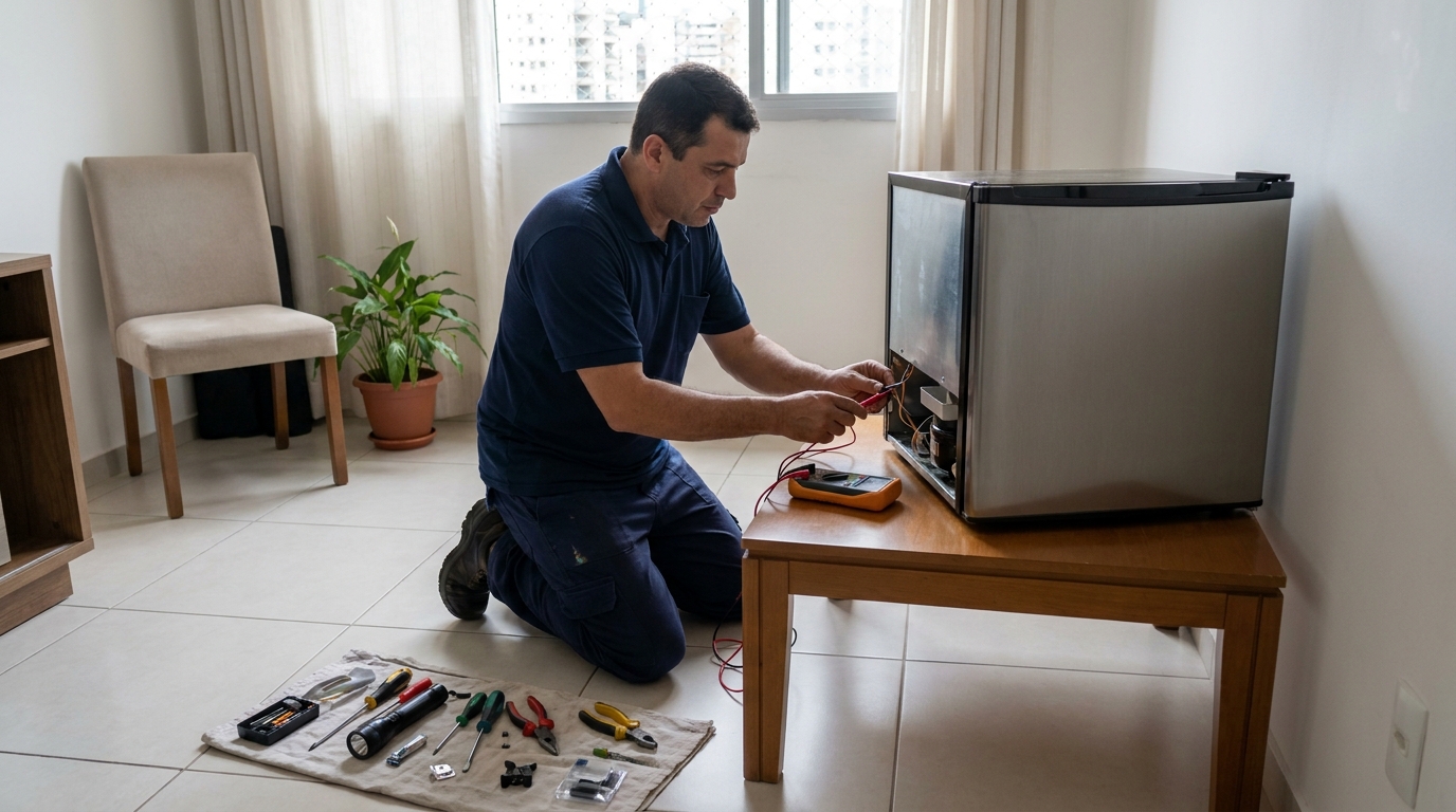 Técnico realizando manutenção de motor de frigobar em Londrina‑PR