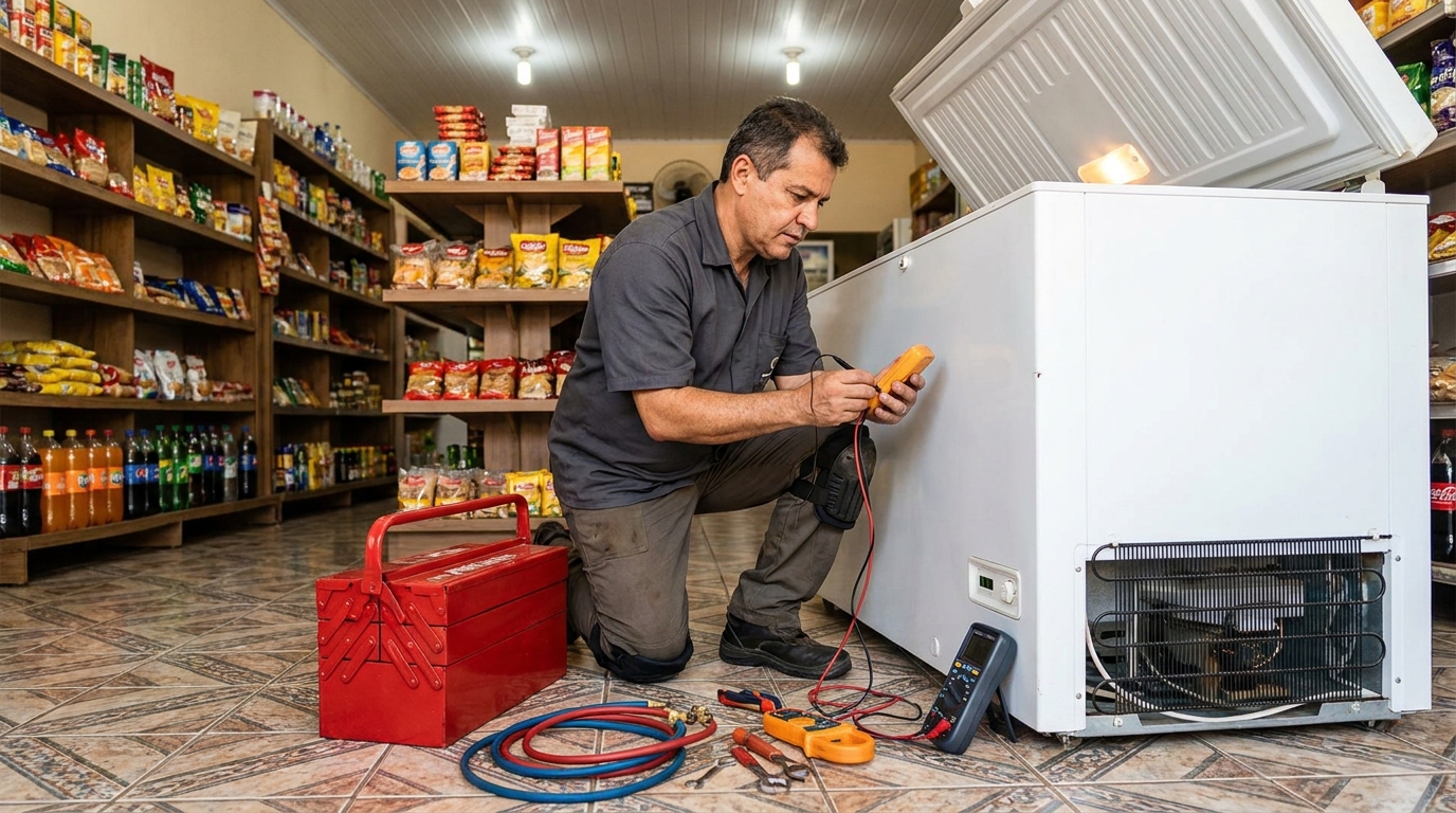 Recarga de gás refrigerante em freezer em atendimento em Londrina‑PR
